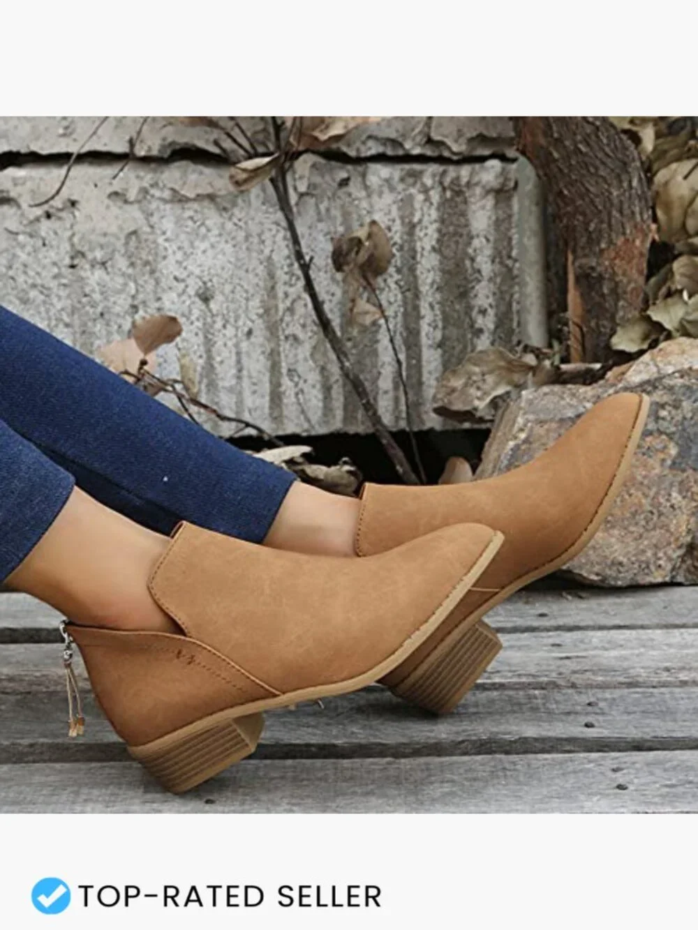 Casual Low Heeled Ankle Booties Chunky Block Heel Side V Cut Zip Closure